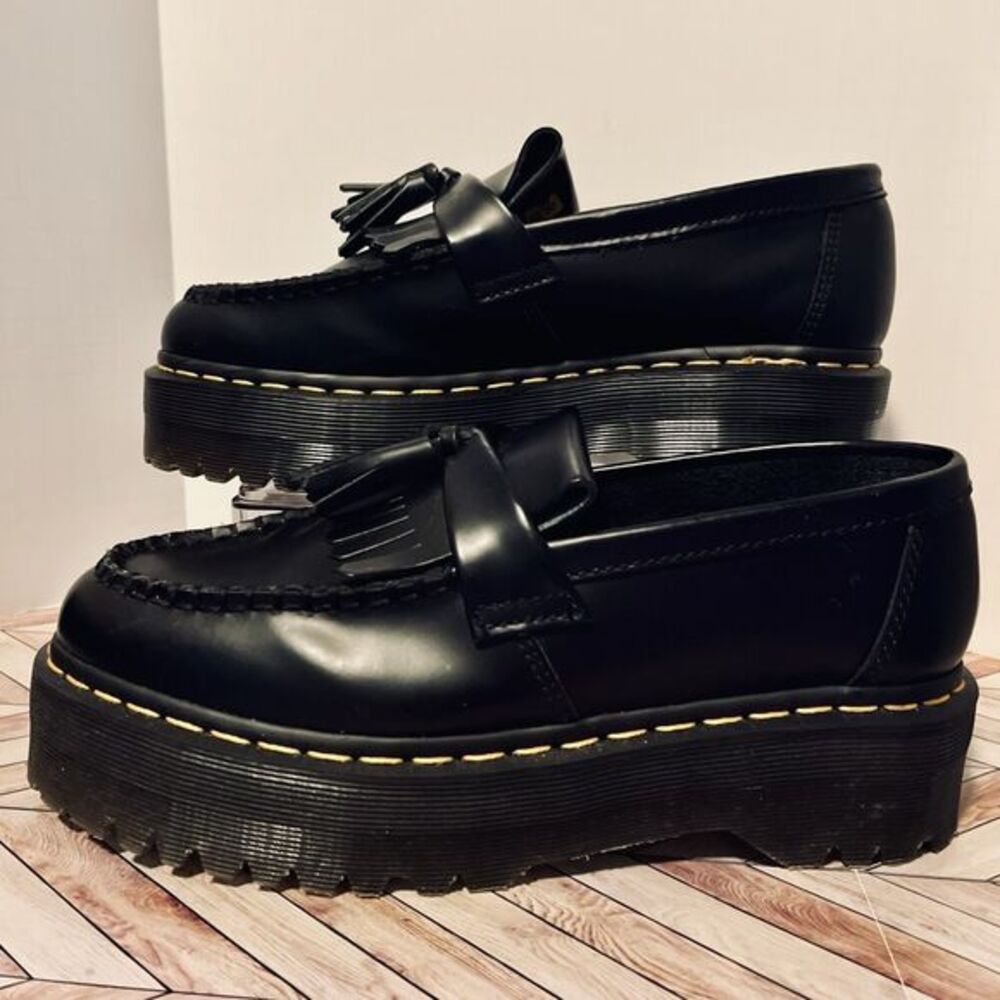 Dr Martens Adrian Quad Leather Platform Tassel Loafers Black M 8 W 9 Kiltie - Picture 2 of 8